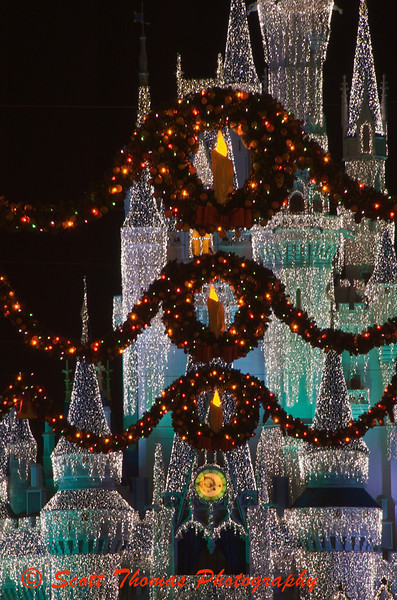Wreaths decorate Main Street USA in Walt Disney Worlds Magic Kingdom.
