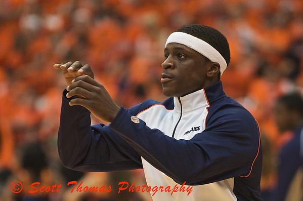 Jonny Flynn warming up before his nationally ranked Syracuse University Orange Mens Basketball team plays the Fighting Irish of Notre Dame in a Big East conference game on Saturday, January 17, 2008.  SU won the game 93-74 with Jonny Flynn contributing with 17 points and 9 assists.