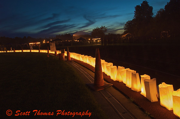 Lighted luminaries line the inside of the Pelcher-Arcaro Staduim at the Baldwinsville, New York, Relay for Life Cancer fund raiser held on Friday, June 19, 2009. Lighted luminaries line the inside of the Pelcher-Arcaro Staduim at the Baldwinsville, New York, Relay for Life Cancer fund raiser held on Friday, June 19, 2009.